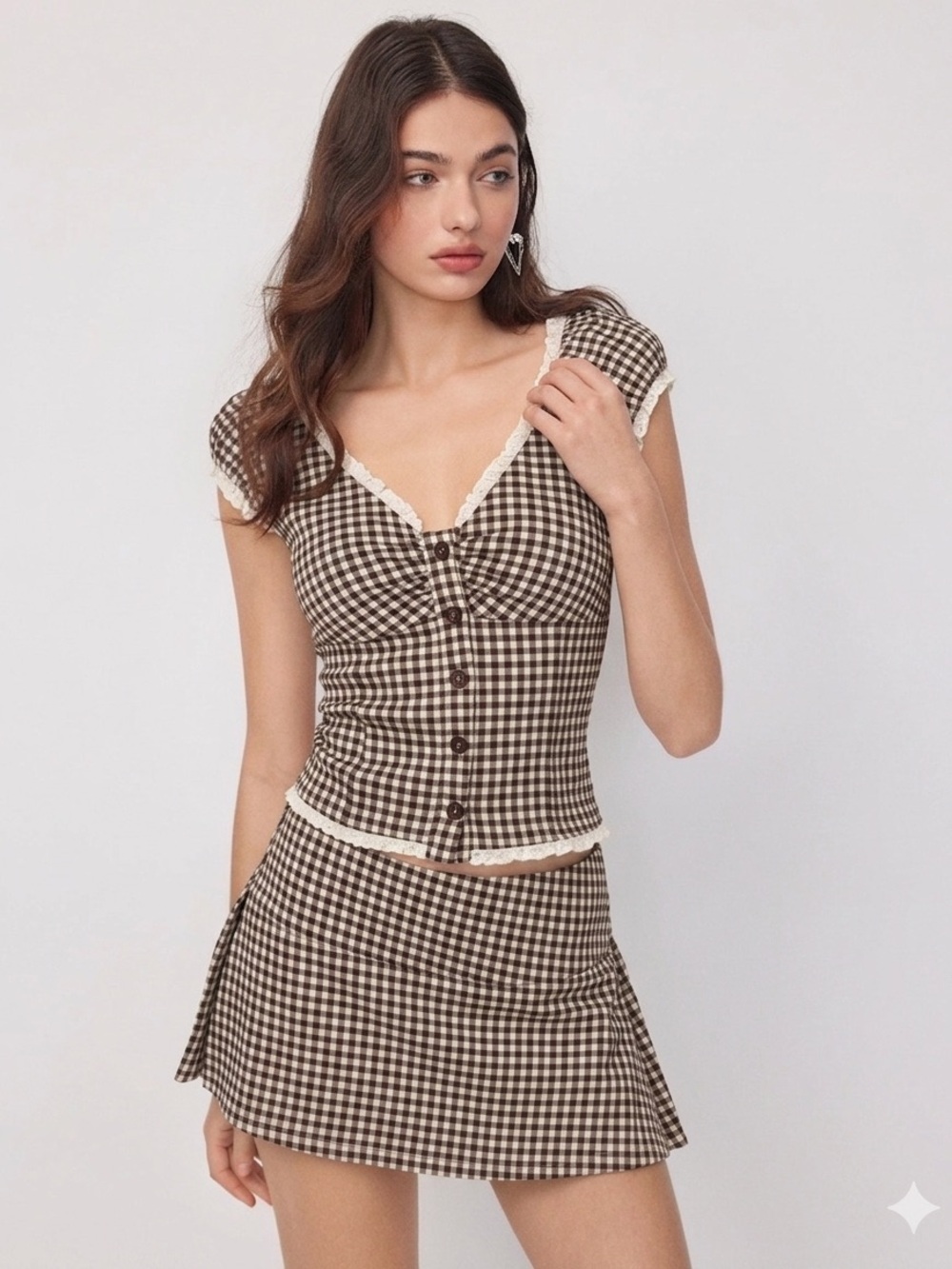 CIDER Gingham 2-Piece Top & Mini Skirt Skort Set - Brown/White Plaid Size Small